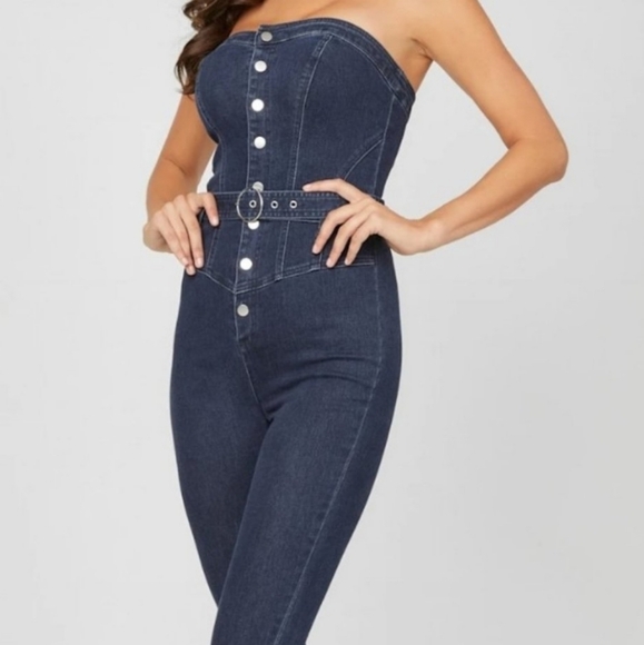 NEW Guess Damara Overall in Dark Wash Strapless Denim Jumpsuit size small - Picture 1 of 10